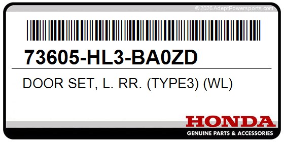 Honda 73605-HL3-BA0ZD Door Set, L. Rr. (Type3) (Wl)
