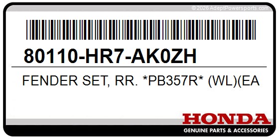 Honda 80110-HR7-AK0ZH Fender Set, Rr. *Pb357r* (Wl)(Eastern Blue)