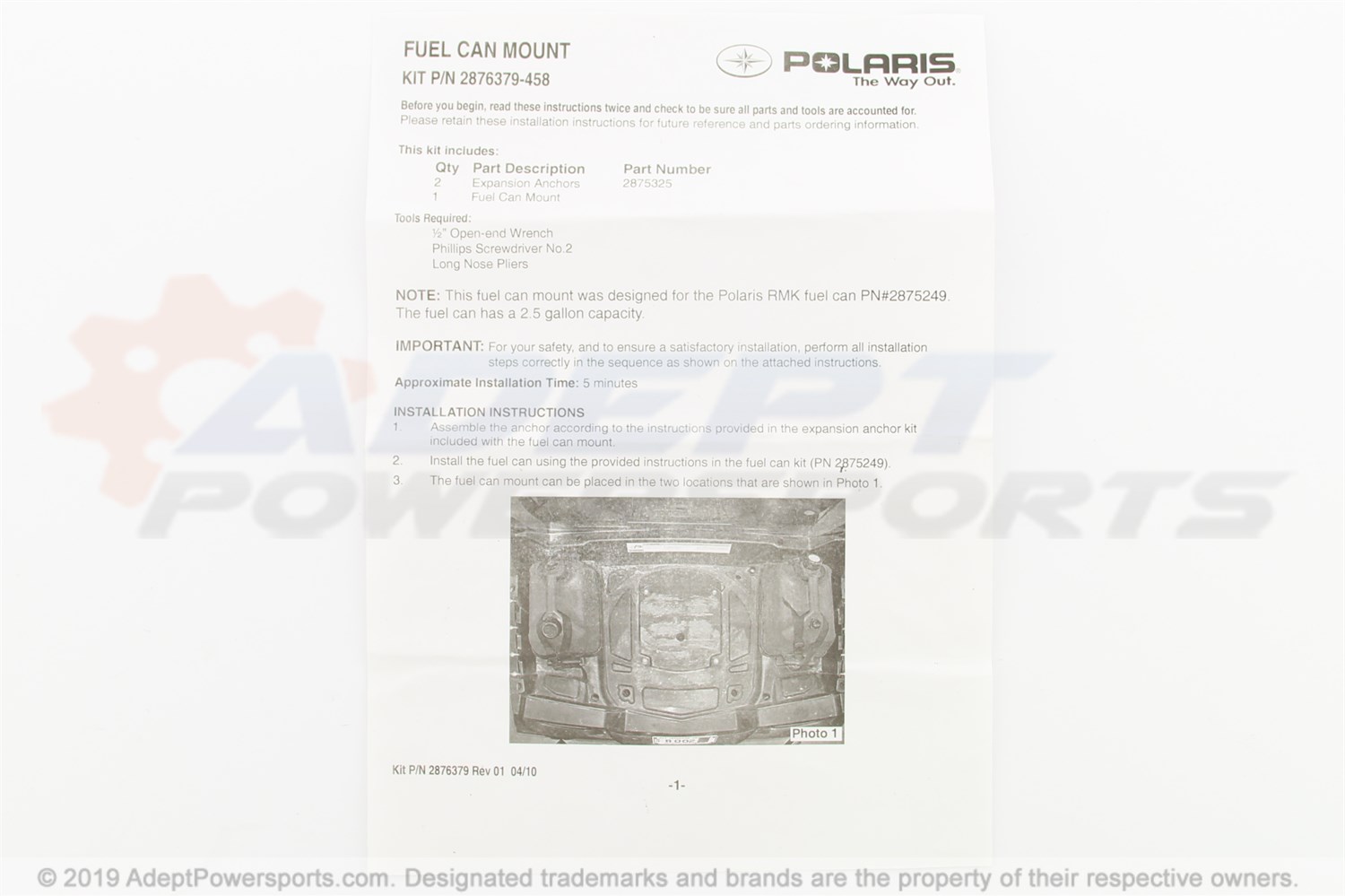 Polaris 2876379-458 Kit, Fuel, Can, Mount, Black
